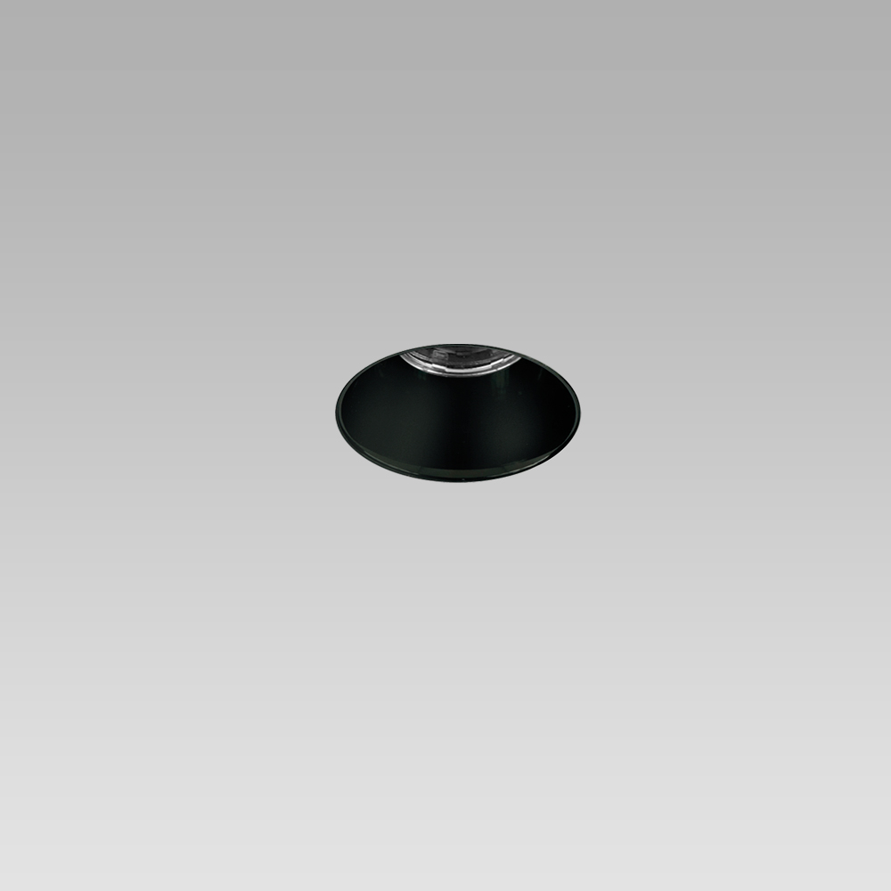 Round recessed ceiling downlight for interior lighting, trimless, with black optic
