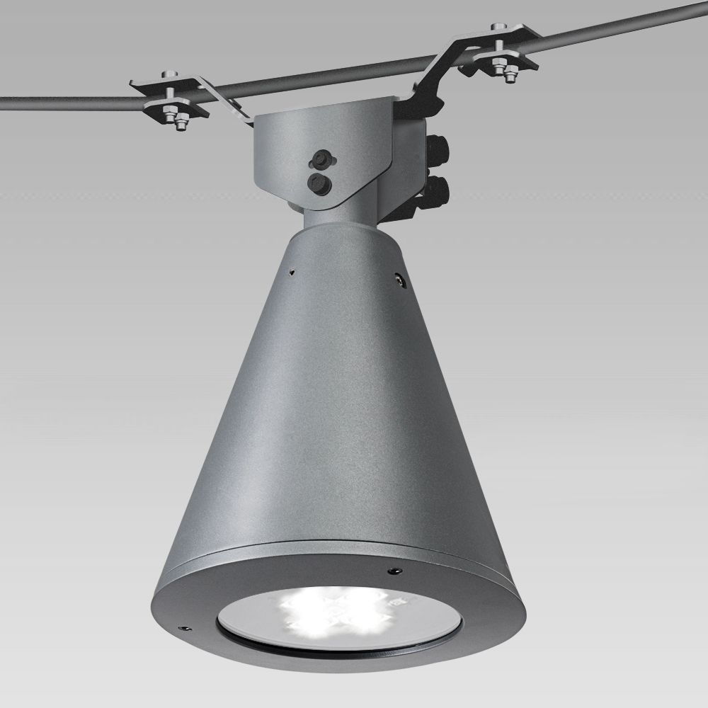 Urban lighting catenary luminaire with a classic conical-shape design