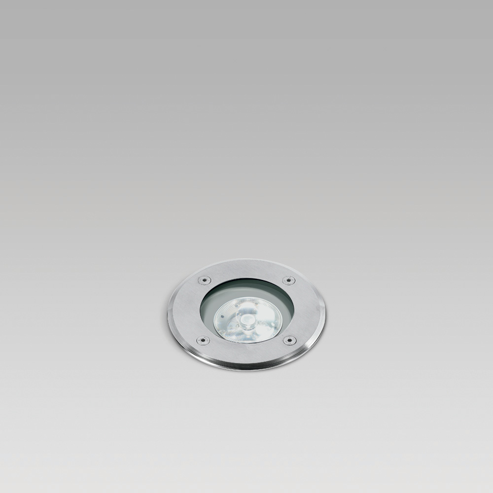 Recessed floor luminaires  In-ground recessed uplight for outdoor lighting, with round or squared trim, flush with the ground or above the ground