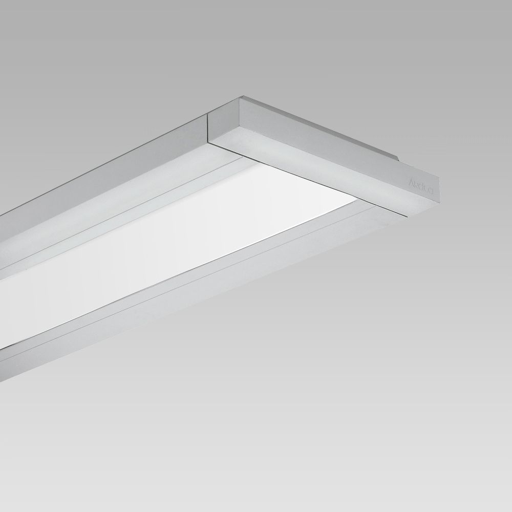 Ceiling mounted luminaire for indoor lighting with an elegant linear design and opal screen for a diffused, comfortable light