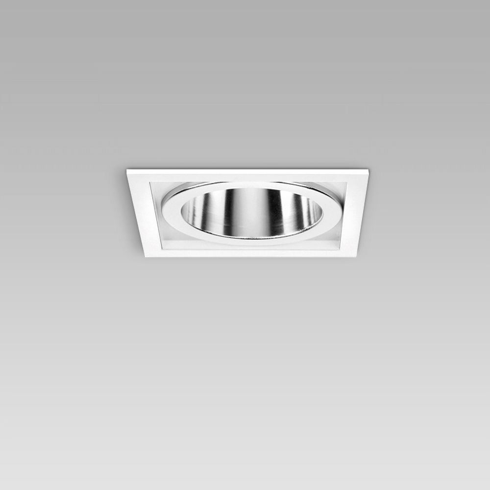 Ceiling recessed luminaire for indoor lighting, without glass and with adjustable optic, featuring an elegant, squared design