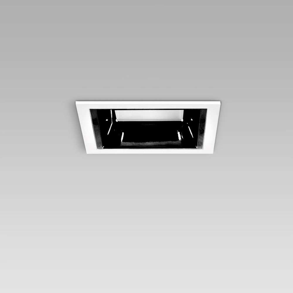 Ceiling recessed luminaire for indoor lighting with IP54 glass and black optic, featuring an elegant, squared design