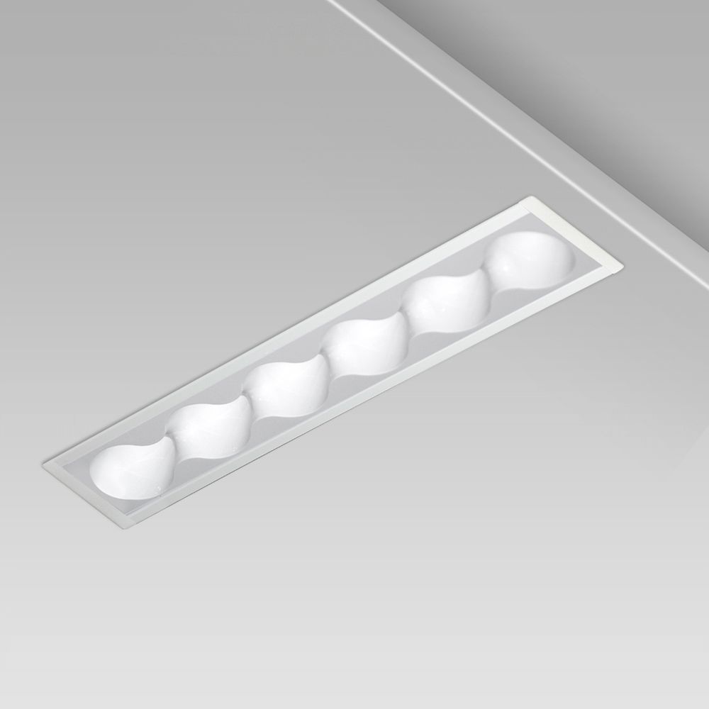 ceiling recessed linear luminaire for interior lighting design: elegant and minimalist, with protruding frame and white round glare free optic