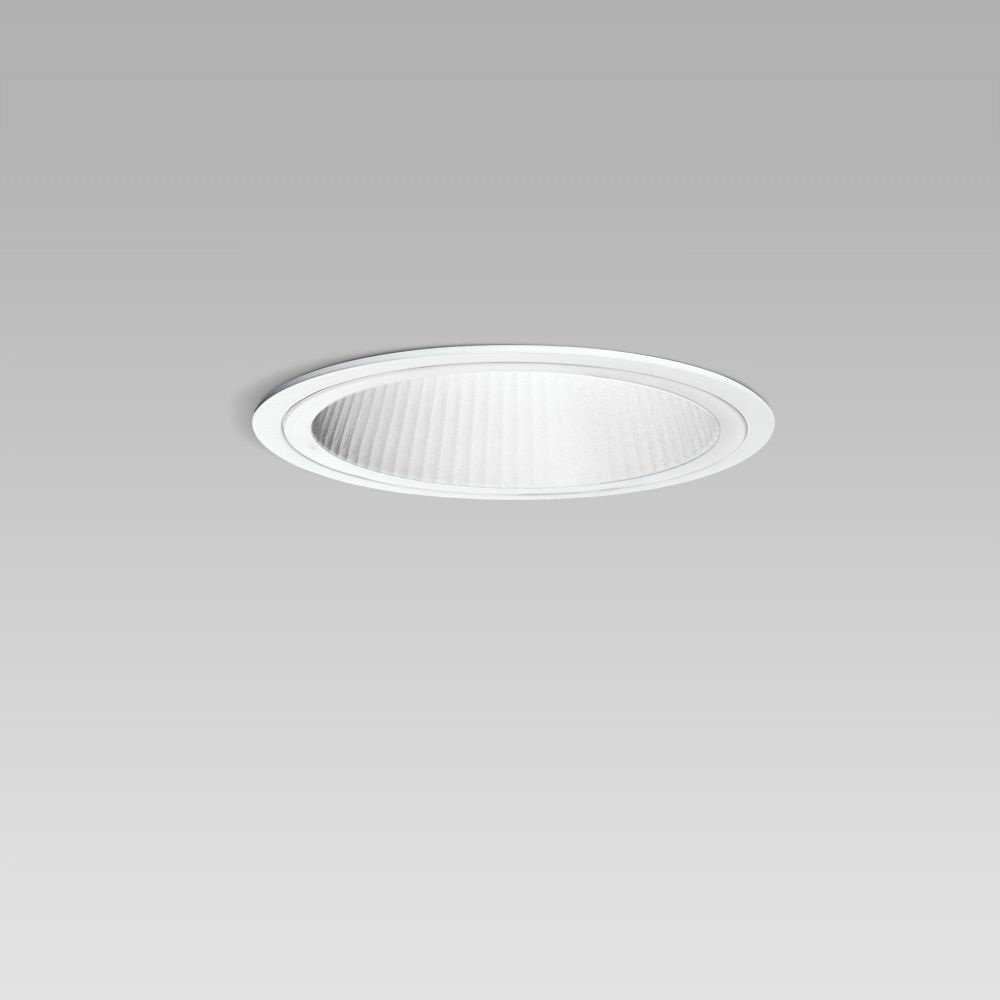 Ceiling recessed luminaire for indoor lighting with elegant round design, requiring a short installation depth, with white reflector